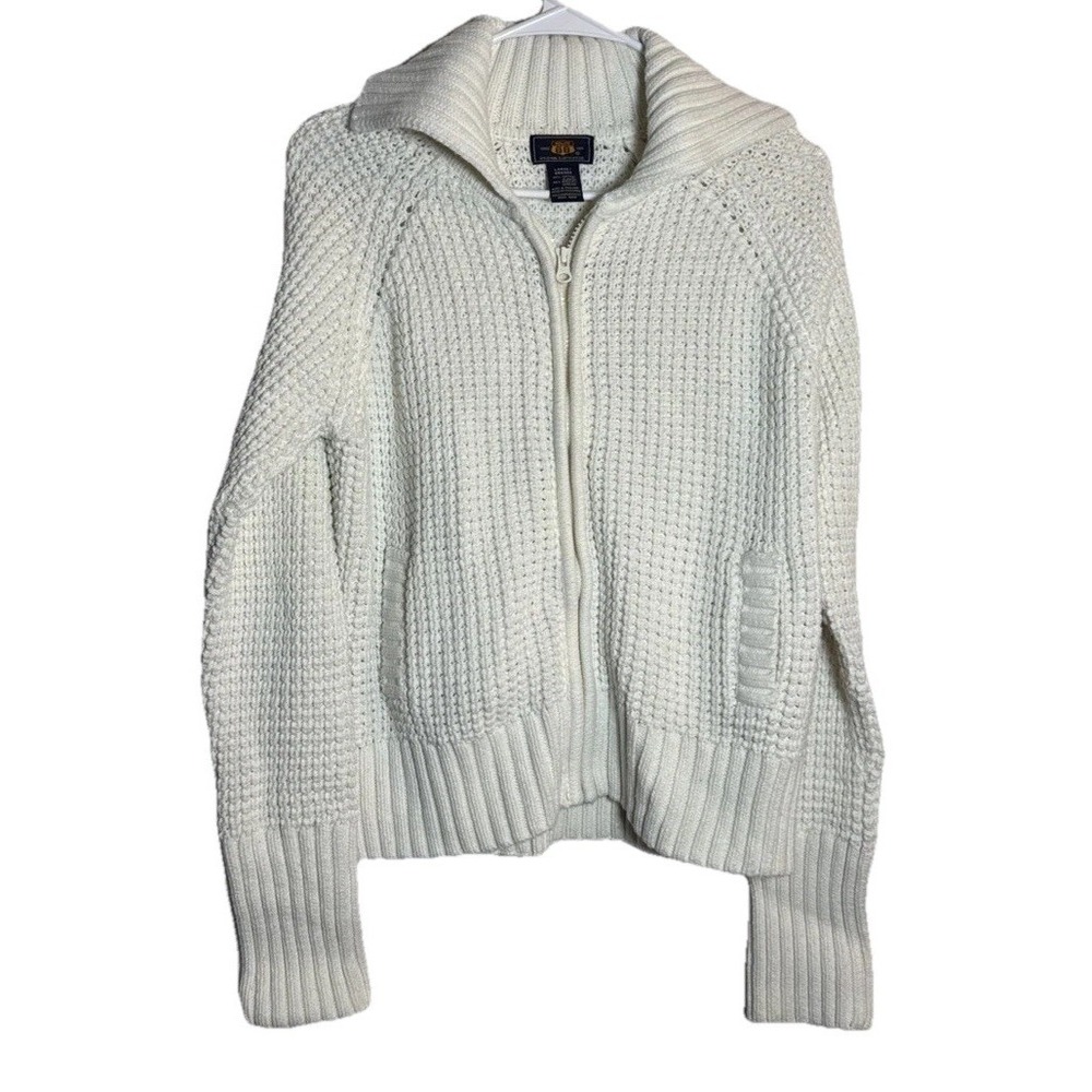 Route‎ 66 Women's Large Cream Chunky Knit Zip Sweater Cotton Blend Cardigan